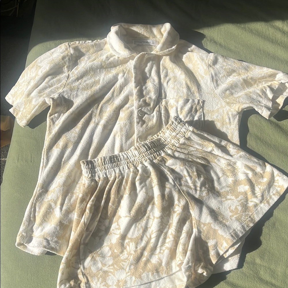 Faithfull the Brand Terry Cloth Cream and White Button Down Shirt Set